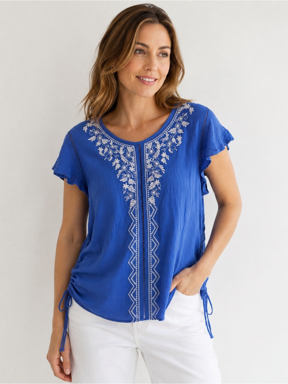 Embroidered Flutter Sleeve Top in Royal Blue